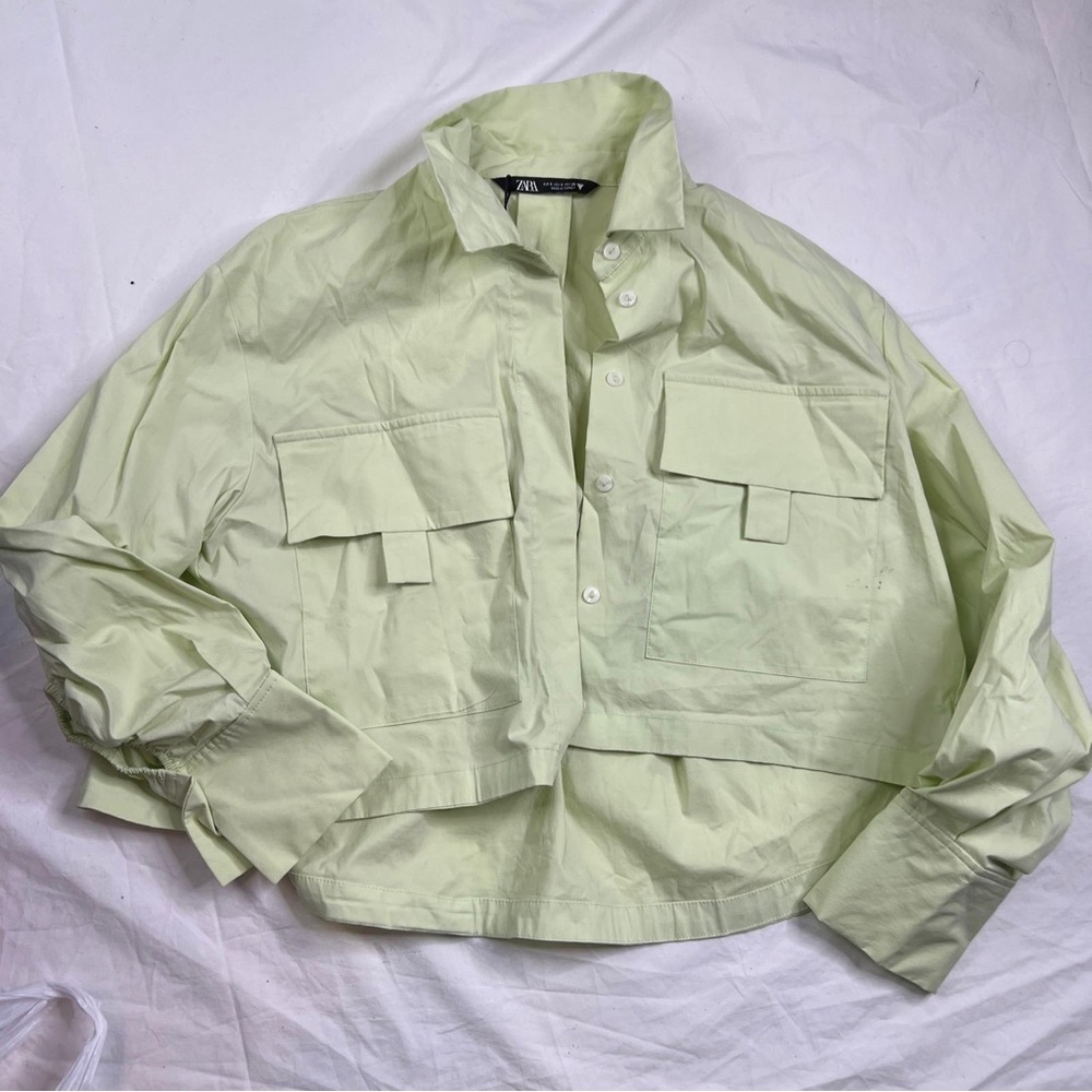 Zara Womens Green Button Front Shirt Boho Crop Long Sleeve Size S A060223 - Picture 1 of 7